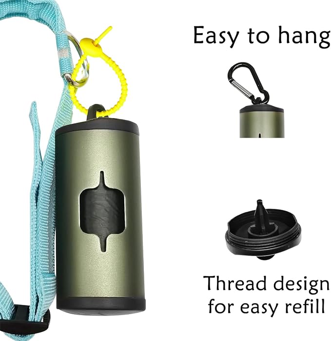 YUCHIYA Aluminum Dog Poop Bags Holder with Carabiner Metal Pet Waste Bags Dispenser with Hook and Loop Fastener and Elastic Cord to Carry Used Bags (Olive Green, 1 Holder 15 Bags)