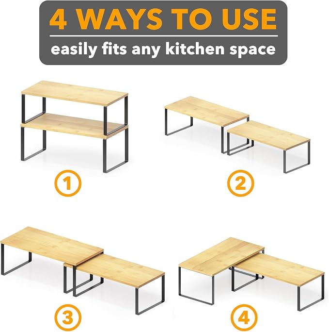 SpaceAid Cabinet Shelf Organizers 8 Pack, Kitchen Counter Rack Shelves Riser, Stackable Expandable Spice Rack, Pantry Cupboard Storage Organization (Black and Natural, Long)