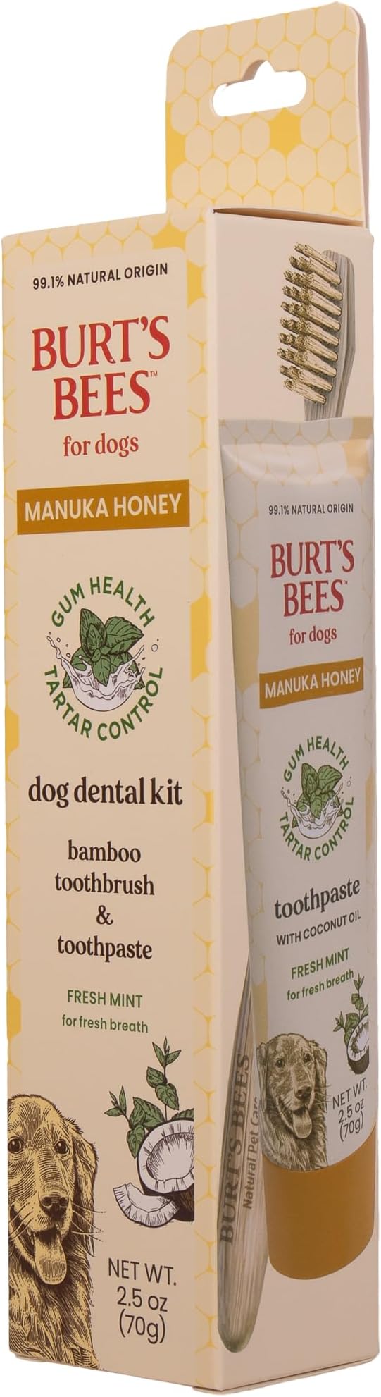 Burt's Bees for Pets Fresh Mint Dog Dental Kit with Bamboo Toothbrush & Dog Toothpaste, Manuka Honey & Coconut Oil for Gum Health, Tartar Control, 99.1% Natural Origin Formula, 2.5 Oz