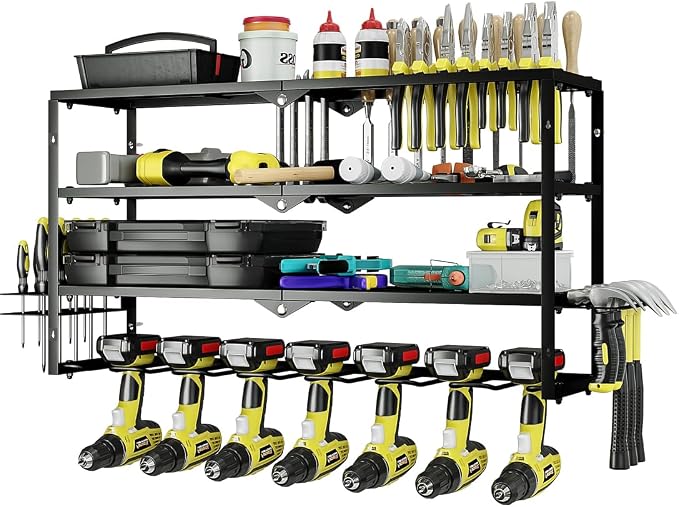 AZERPIAN Power Tool Organizer Heavy Duty Wall Mount Drill Tools Holder | Garage Wall Mount Tool Rack, Workshop Metal Cordless Tool Shelf, 3 Layers Utility Storage Racks for 7 Drill Holders