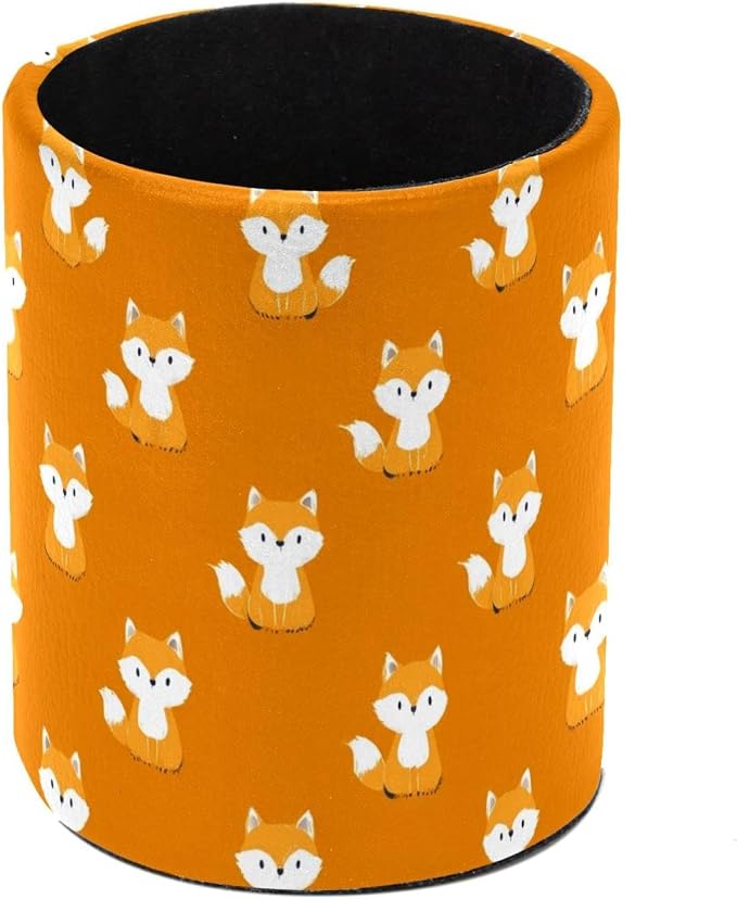 Faux Leather Pen Holder for Desk, Pencil Organizer Cartoon Little Fox Pen Cup Desk Decor Makeup Brush Holder Storage for Office Home
