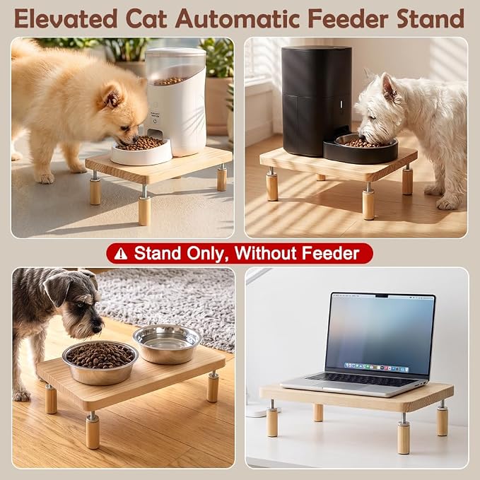 SZEE Adjustable Dog Food Stand, Raised Dog Bowl Stand for Small Breeds, Elevates Form 3 3/8" to 4 5/8", Relieves Spine and Joints on Pets (S, Solid Wood)