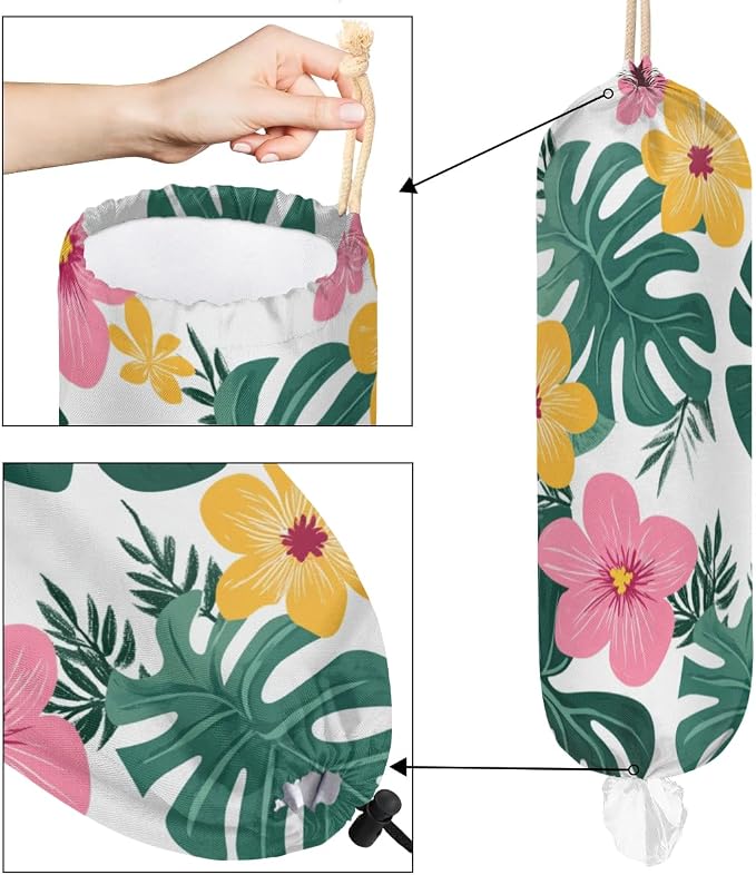 Wild Palm Leaves Plastic Bag Holder Tropical Floral Grocery Bag Storage Dispenser Washable Hanging Shopping Bags Carrier Reusable Wall Mount Trash Bag Organizer for Kitchen Pantry