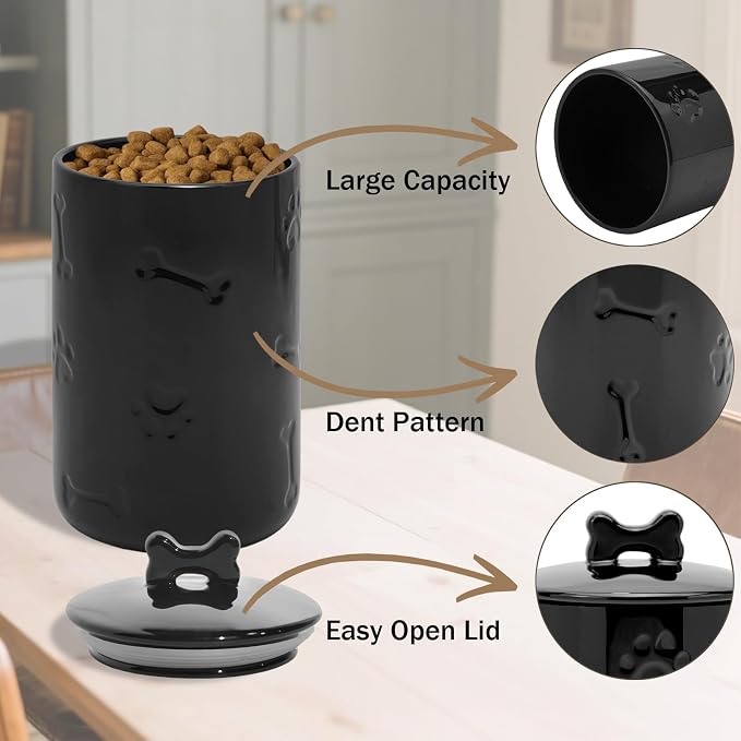 Dog Treat Container Airtight - 9"x5" Ceramic Big Treats Jar with Lid(Black) | Large Capacity Doggie Cookie Jar for Countertop, Airtight Lid Keep Food Fresh, Sturdy Durable, Cute Prints and Bone Handle