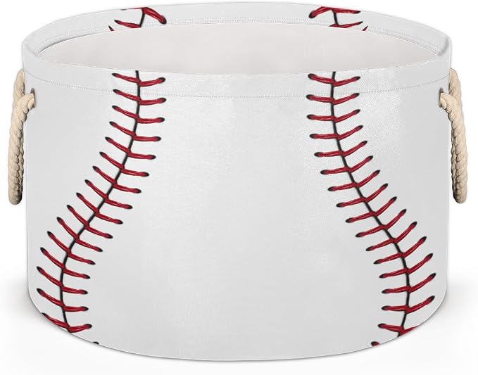 Storage Baskets - Large Nursery Organizer Bin Box with Handles Collapsible Round Baseball Sports Laundry Hamper for Kids Boy Toys Pet Blanket, Bedroom Living Room Home Decor Gift Basket (19.4"x13.3")