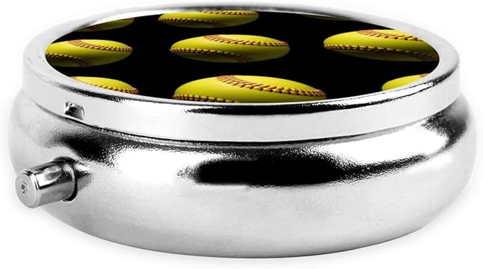 Compact Pill Container, Round Mini Box with Mirror, Travel Organizer for Supplements, Pocket Purse Holder for Daily Routine, Softball Black