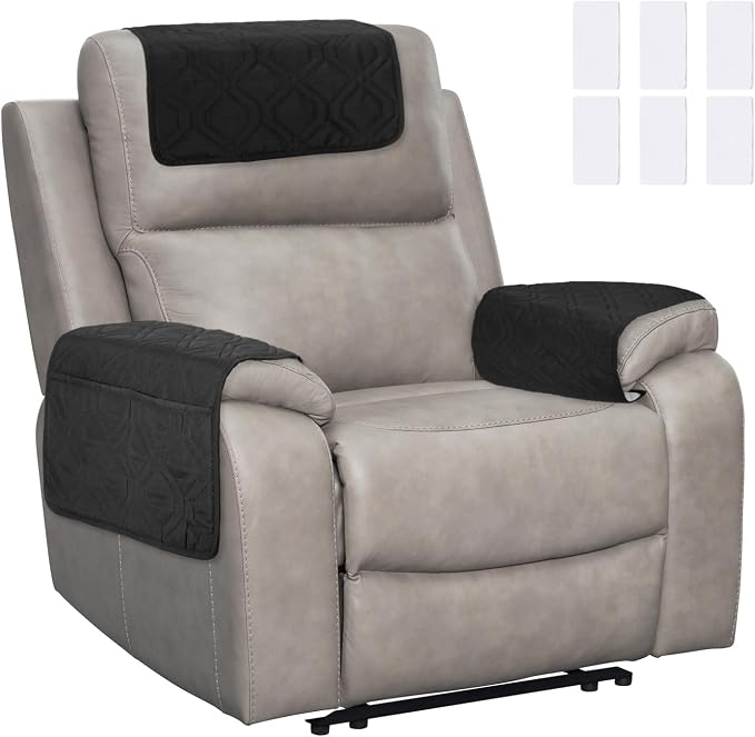 uxcell 3Pcs Sofa Armrest Covers, Armchair Covers with Side Storage Pocket Waterproof Recliner Chair Protector Anti-Slip Couch Arm Headrest Furniture Protect for Home Living Room, Black