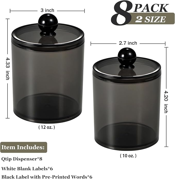 SheeChung 8 Pack Black Qtip Holder,Acrylic Apothecary Jars with Lids | 12 Labels - (4) 10oz & (4) 12oz Plastic Canisters Bathroom Storage Set for Cotton Swabs, Balls, Pads, Floss Picks