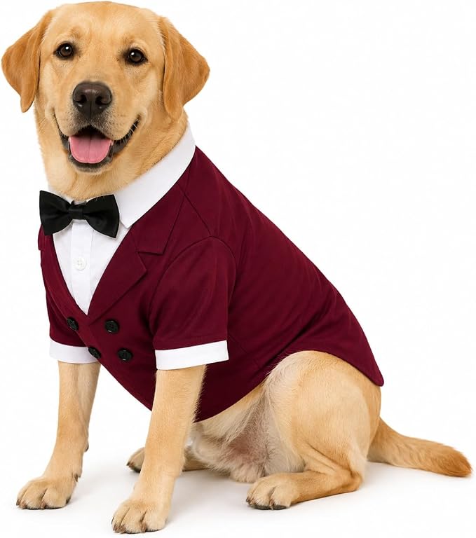 Lovelonglong Pet Costume Dog Suit Formal Tuxedo with Black Bow Tie for Large Dogs Alaska Golden Retriever Brown L-XL+