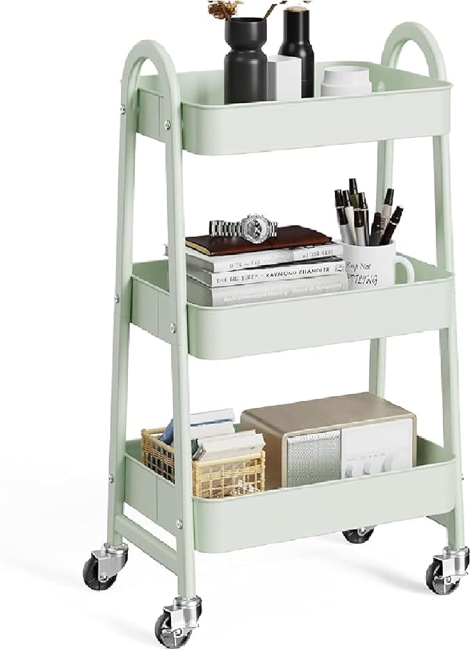 OLIXIS Metal 3 Tiers Rolling Storage Utility Cart with Lockable Wheels | Mobile Organizer Shelf, Space-Saving, Freestanding, Bathroom, Living Room, Slim, Narrow Corner Spaces, Pale Green