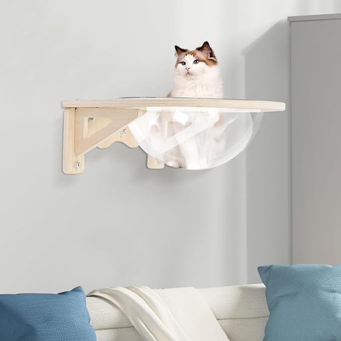 Wall-Mounted Clear Cat Bed Space Capsule - Modern Wooden Cat Wall Shelves for Indoor Cats with Strong Suction Cups, Holds Up to 16.5 lbs