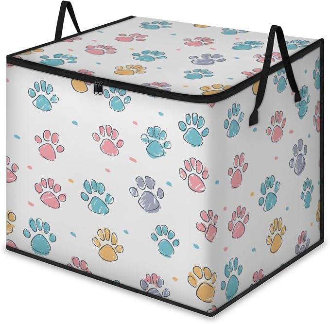 Paw Print Large Storage Bags, Fabric Bed Storage Containers, Foldable Closet Organizers for Blanket, Clothing, Comforter, Bedding, Puppy Dog Paw