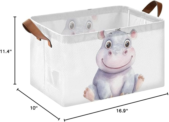 Cute Baby Hippopotamus Hippo Animal Storage Basket with Labels&Handles Rectangular Waterproof Nursery Storage Bins Collapsible Shelf Organizer Baskets for Kids Books Cloth Basket Toys Laundry, 2 PC