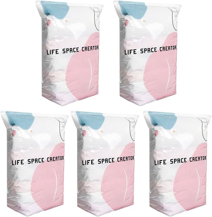 5PCS No Pump Vacuum Storage Bags, No Pump Large Vacuum Storage Compression Bags, Thick Airtight Reusable Organizer for Clothes Comforters Travel Moving Closet Storage (L)