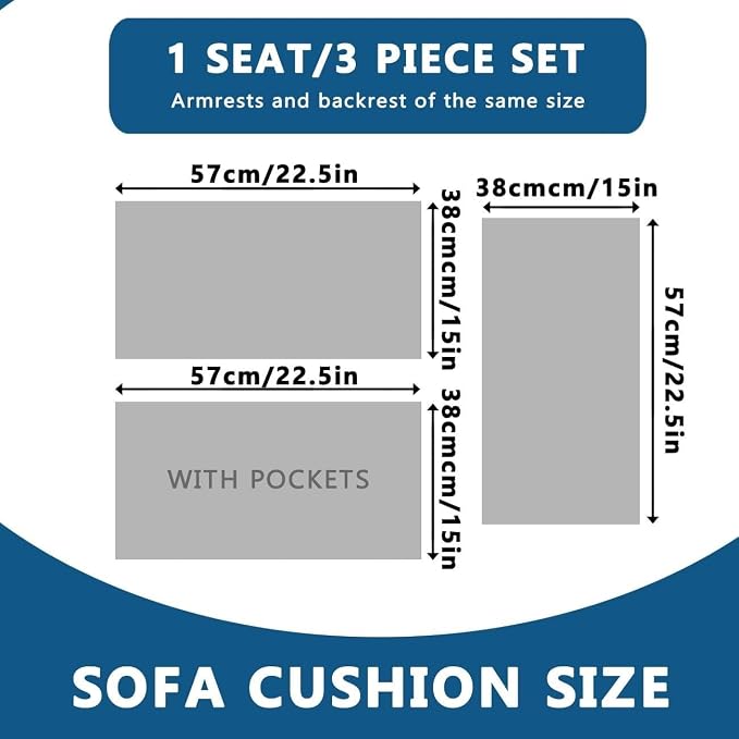 Armrest Covers Armchair Slipcover, Couch Arm Covers Recliner Covers with Storage Pockets Armrest Protector for Chair Sofa(Blue,3 Seat | 5 Piece Set)