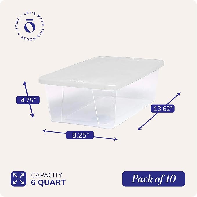 HOMZ Clear Plastic Storage Bins w/Snaplock Lids, 6 Qt, White, 10 Pack | Stackable Container Set for Home, Office Shelves, Kitchen, Garage, and Bathroom Organization
