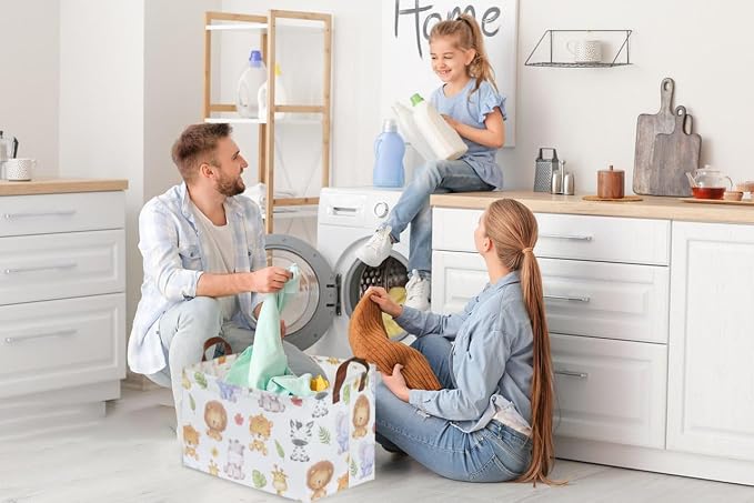 Rectangular Kids Storage Bins,Baby Baskets Organizer.Waterproof PE Coating Cute Basket with Handles.Woodland Nursery Decor,Toys Box,Books Basket, (Cute Animal)