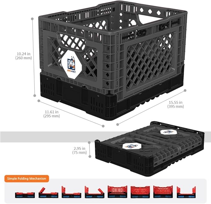 Bigant Heavy Duty Collapsible & Stackable Plastic Milk Crate - Snap Lock Foldable Industrial Garage Storage Bin Container Utility Tote Basket (Charcoal Gray, 1 Small Crate)