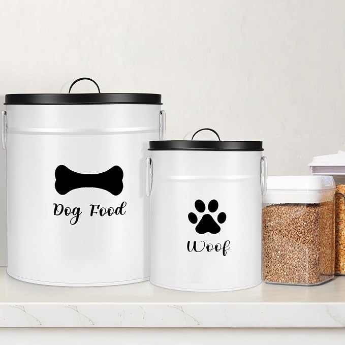 DoubleFill Extra Large 23+10 lb Metal Dog Food Storage Containers, White | Airtight Dog Treat Snack Jars with Lids and Spoon, Farmhouse Style Big Pet Cookie Storage Bin for Kitchen Counter, Set of 2