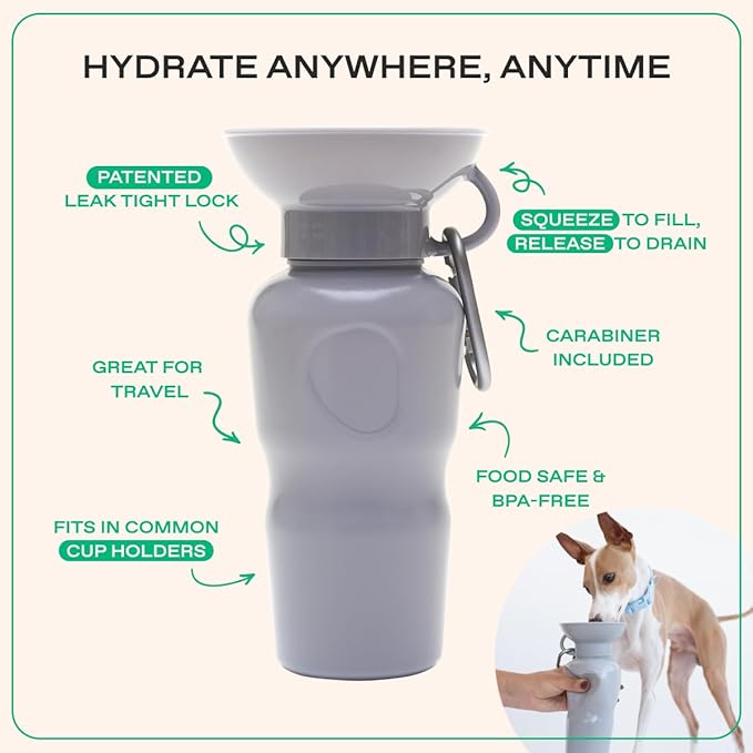 Springer Dog Water Bottle | Portable Travel Drinking Feeder Dispenser for Dogs & Puppies | As Seen on Shark Tank | Leak-Proof Bowl | BPA-Free | Outdoor Walking, Hiking & Travel | 22oz Gray