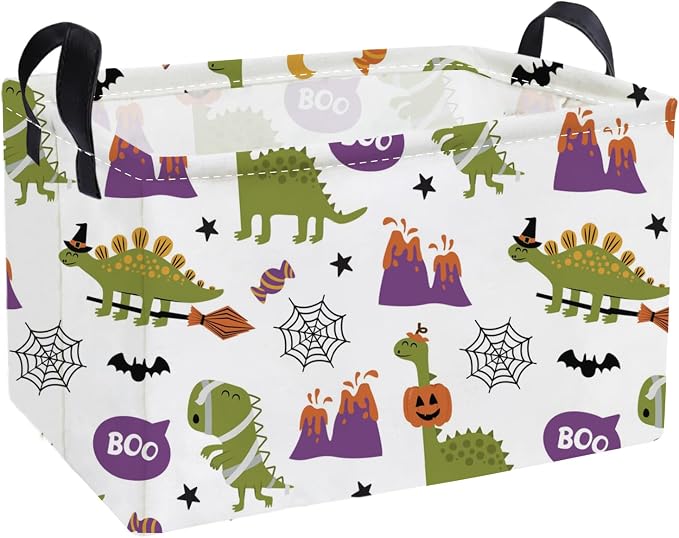 Essme Rectangular Dinosaur Helloween Basket,Kids Storage Bins Organizer with Handles for Room Decor, Gift Basket.(Dinosaur Halloween)