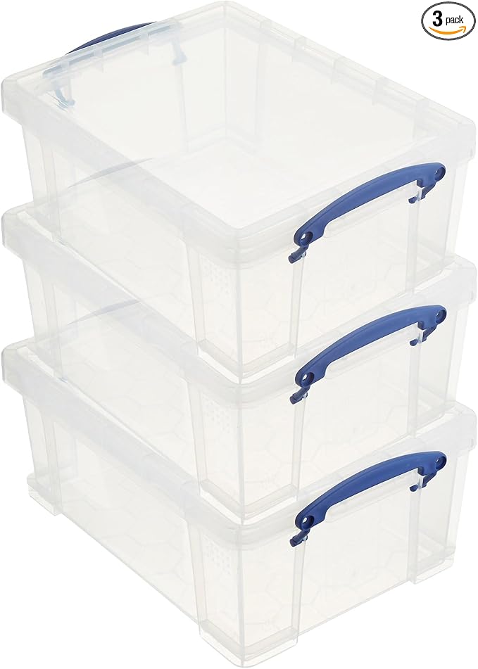 Really Useful Box Stackable 9 Liter Plastic Storage Container, 3 Pack | Bin with Snap Lid & Built-In Clip Lock Handles for Home & Office Organization