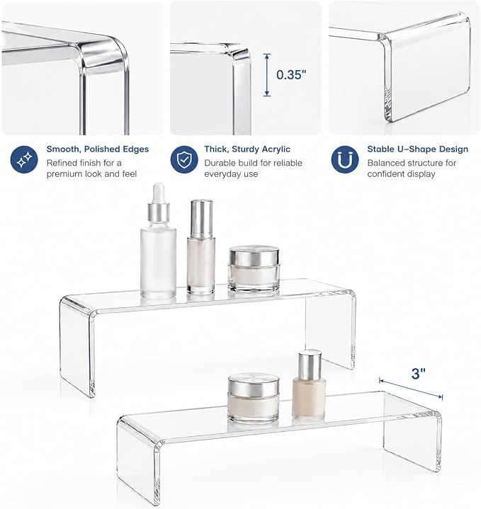 2 Pack Acrylic Medicine Cabinet Organizer Clear Shelves 2 Large | Includes 2 Large 11.4 x 3 x 5.1 Inch Bathroom Shelves with 2 Non Slip Pads for Vanity RV and Cabinet Storage
