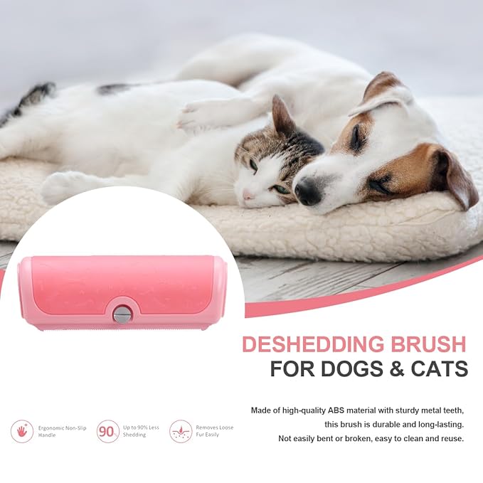 Cat Brush for Shedding and Indoor Cats, Dog & Cat Deshedding Brush, Undercoat Grooming Tool for Short to Medium and Double Coats, Detachable Metal Shedding Blade, Ergonomic Non-Slip Handle, Pink