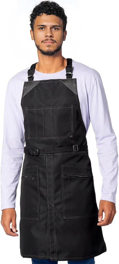Under NY Sky Barber Apron, Cross-Back with Buckle, Zipped Pockets, Black | Oxford Canvas Resists Liquids, Chemicals, Ink, Dye. Quick-Release Buckle, Split-Leg, For Hair Stylist, Colorist, Barbers