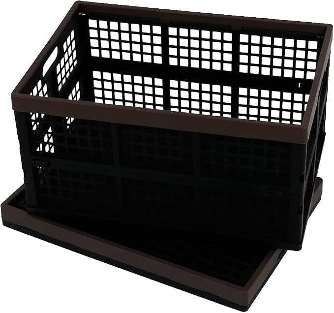 2-Pack 42 L Plastic Staking Folding Storage Basket Crates, Balck | Extra large plastic crate storage, fold flat when not in use, perfect for home, office, and garage organization