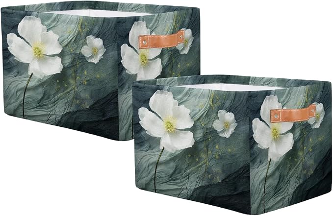 White Floral Flower Rectangular Storage Bin Collapsible Storage Basket Organizer Boxes with Leather Handle Storage Cube for Shelves Toy Laundry Nursery 2 PC