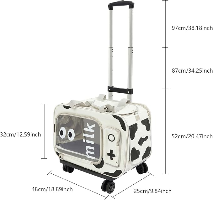 Pet Trolley Bag with Wheels & Retractable Handle, Cow Print Pet Carrier for Cats Small Dogs, Foldable Travel Carrier with Ventilation Windows, 22 Lb Capacity, Airline Approved Pet Bag