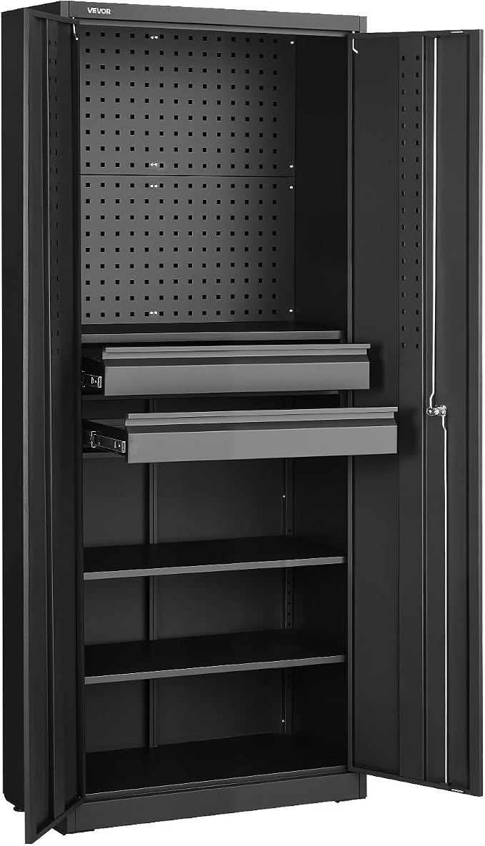 VEVOR Metal Storage Cabinet, 180 lbs Shelf Load Capacity, 70.87" Tall Garage Tool Storage Cabinet with 2 Locking Doors, Adjustable Shelves, 2 Drawers, Pegboard, for Garage, Home, Office, Utility Room