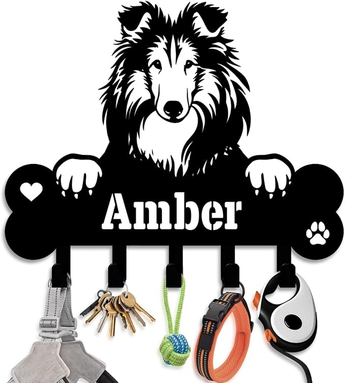 NIWAHO Dog Leash Holder Wall Mount Personalized Name - Custom Collie Metal Sign with Bone Key Hooks, Pet Leash and Key Organizer for Entryway