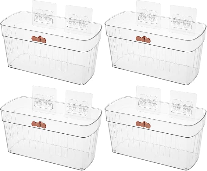 4 Pack Clear Acrylic Small Wall-Mounted Storage Baskets with Adhesive, No Drilling, Hanging Wall Mount Storage Bins for Kitchen, Pantry, Bathroom, RV