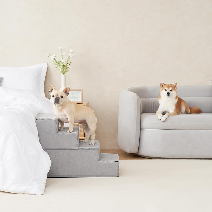 EHEYCIGA Dog Stairs for Bed 20" H, 4-Step Extra Wide Dog Steps, Light Grey | Pet Steps for Small Dogs and Cats for High Bed, Non-Slip Balanced Pet Ramp Indoor