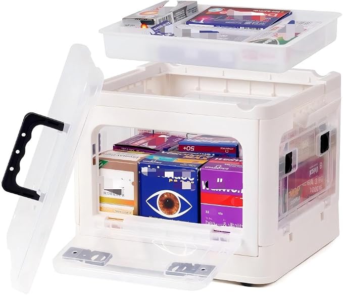 HEY FOLY 22qt Medicine Organizer Storage Box with 4-Side Opening Doors, White Foldable Medication Organizer Empty, Container Case Stackable First Aid Box for Home Storage