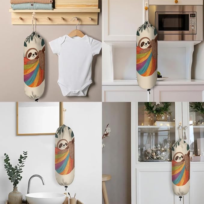 Tree Fern Sloth Plastic Bag Holder Colorful Stripes Grocery Bag Storage Dispenser Washable Hanging Shopping Bags Carrier Reusable Wall Mount Trash Bag Organizer for Kitchen Pantry