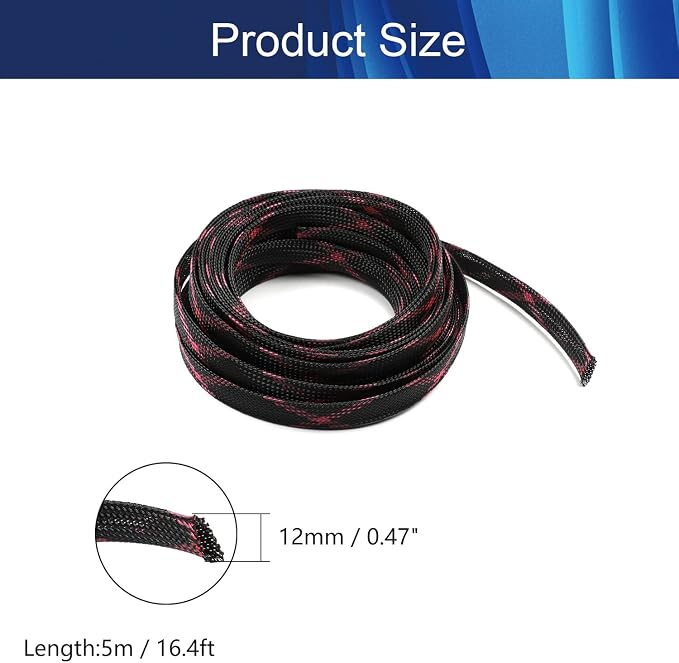Jutagoss PET Expandable Braided Cable Sleeve, 16.4ft - 1/2 inch Black Pink Cable Management Sleeve, Wire Loom Tube Cord Protector for USB Cable, Power Cord, Audio Video and More, 1Pc
