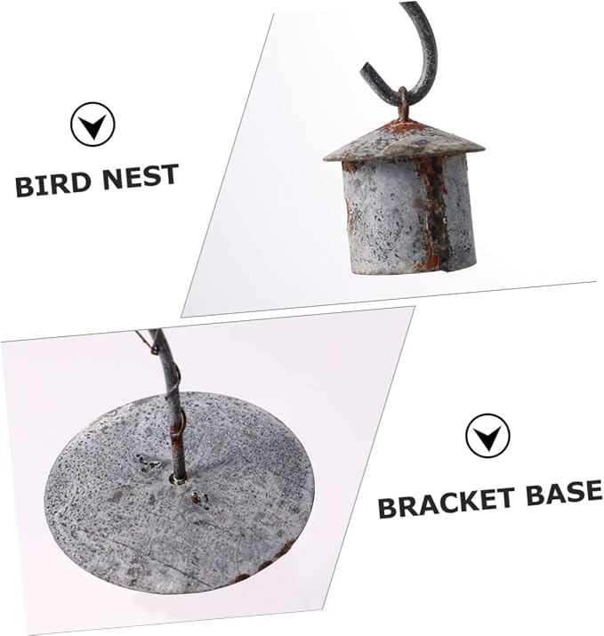 Micro Landscape Iron Wrought Bird Hut with Hanging Hook Retro Rust Desktop Stand for Miniature Decor for Home Garden and Candle Display Light Grey
