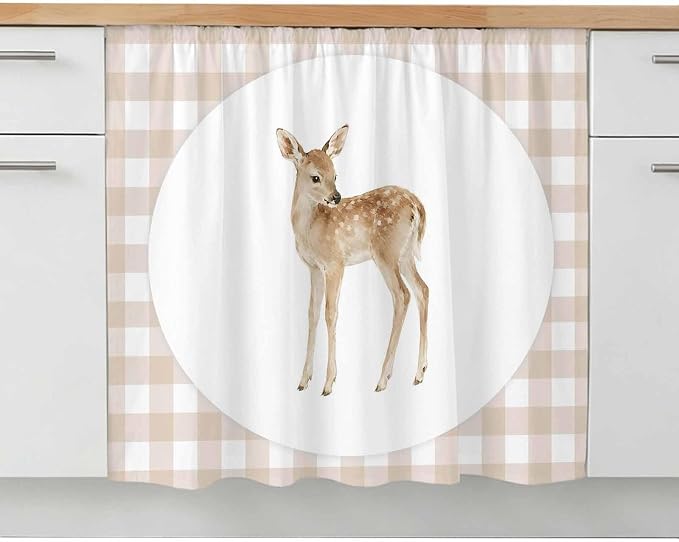 Resting Fawn Oven Skirt Curtain for Kitchen Decor 28"x35", Natural Animals Farmhouse Modern Plaid Self Adhesive Stove Curtains Skirt Cabinet Curtains for Bathroom Laundry Room