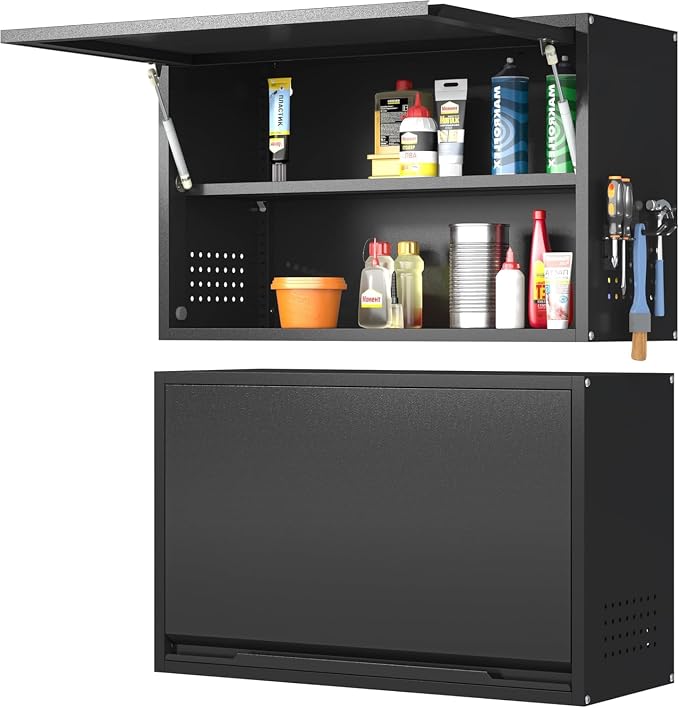 Garage Wall Cabinet, 19.7" H Metal Wall Cabinet with Up-Flip Door | Wall Mounted Metal Storage Cabinet, Upper Cabinet for Kitchen,Garage,Workshop,Warehouse, Assembly Required, Black