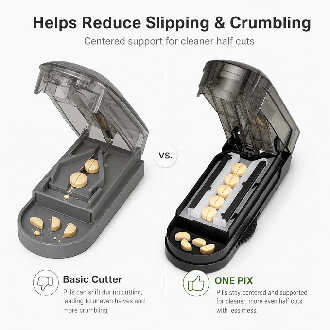 ONE PIX Pill Cutter Splitter for Small and Tiny Pills, Multiple Pill Splitter with Centering Device & Hidden Blade, Adjustable Tablet Cutter for Large Pills, Seniors, Pets, Grey