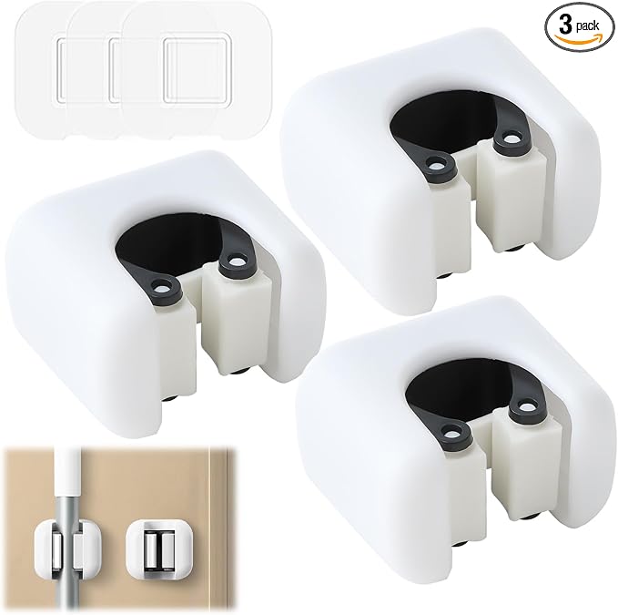 3 Pcs Self-Adhesive Broom Holder | Wall Mount Mop Organizer,Cleaning Supplies Hanger Rack for Bathroom Kitchen Garage Garden,Durable＆Water-Resistant