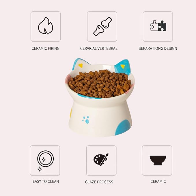 Cute Ceramic Raised Cat Bowls Elevated Design, 15° Tilted FeederProtect Cat's Spine Anti Vomiting Blow for Flat Faced Cats, Kitten Small Dogs,Raise Tilted Cat Food Bowld Pet Dishes(Blue)