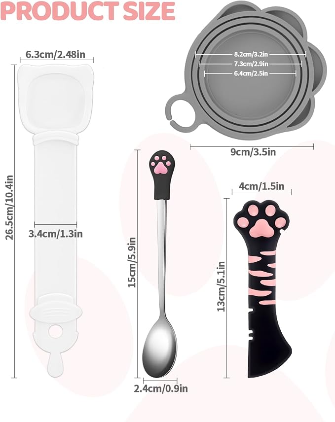 5 PCS Cat Food Can Covers Lids Set, Silicone Pet Food Can Lids with Multi-Function Cat Food Spoon and Opener, Cat Bar Squeezer, Stainless Steel Wet Food Spoon for Cats and Dogs (Pink) (Black Pink)