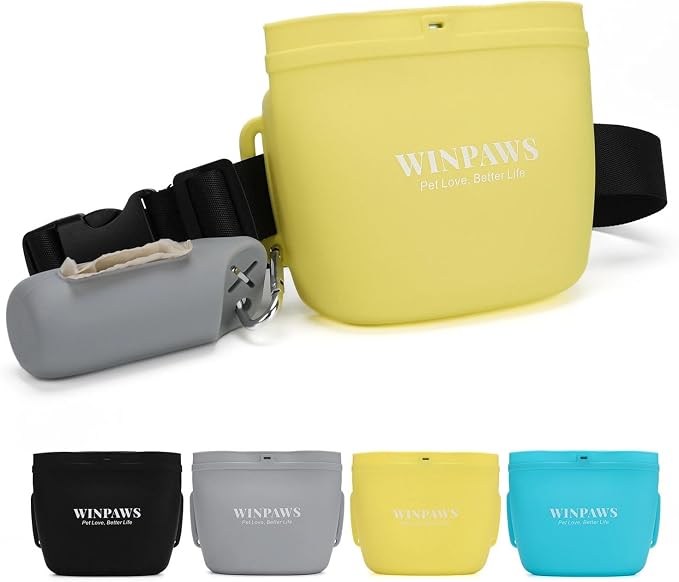 Silicone Dog Treat Pouch with Poop Bag Holder,Waterproof Magnetic Close Sealable Fanny Pack with Adjustable Waist Belt, Pet Puppy Training Essentials, One-Handed Opening with Press & Magnetic(Yellow)