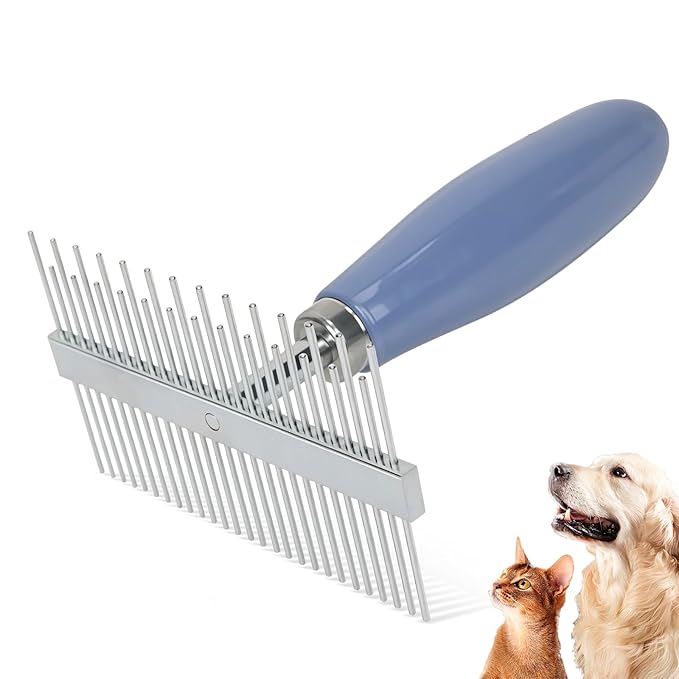 Blue Pet Double-Sided Row Undercoat Rake Comb with Handle Dog Dematting Comb for Shedding Fine Tooth Comb Pet Grooming Tool for Long-Haired Dogs Cats Gentle Remove Loose Hair Knots Tangles