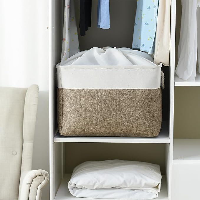 Organization Basket - 20x16x14 inch Jumbo 3 Pack Collapsible Storage Bins for Shelves, Fabric Storage Cubes for Closet Organizer Gift Toy (White & Khaki)