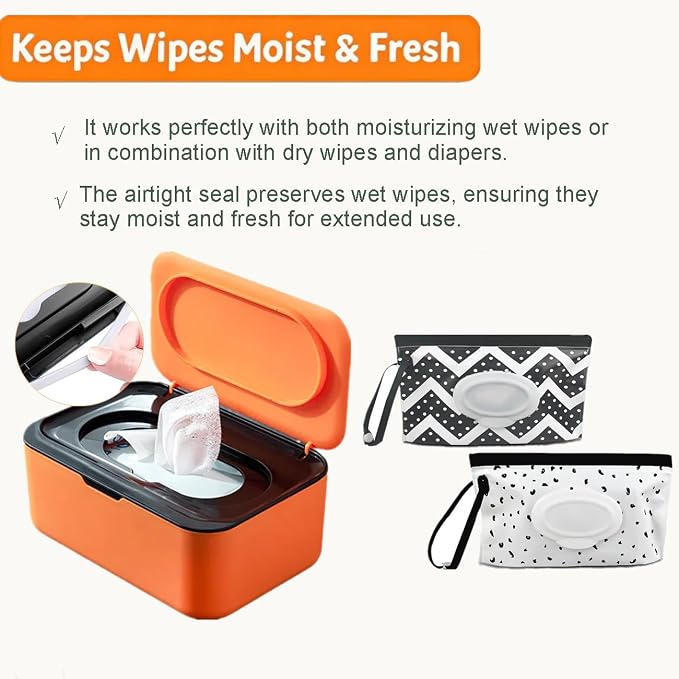 Wipes Dispenser Set,1 Wipe Box & 2 Portable Pouches,Orange-Black | Refillable Reusable Large Wet Wipe Holder, Flushable Wipes Case Bathroom Wipes Container for Pet Nursery Kitchen Office